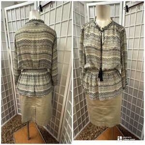 H&M/Attention,Woman,Skirt Khaki+Geometric print long sleeve blouse Set,Sz 12.!